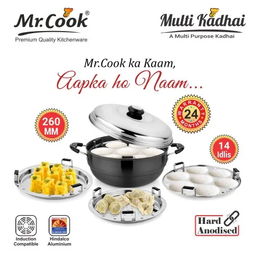 Hard Anodise Multi Kadhai for making Idly, dhokla and momos. Induction friendly and Kadhai is ideal for deep frying and making curries.